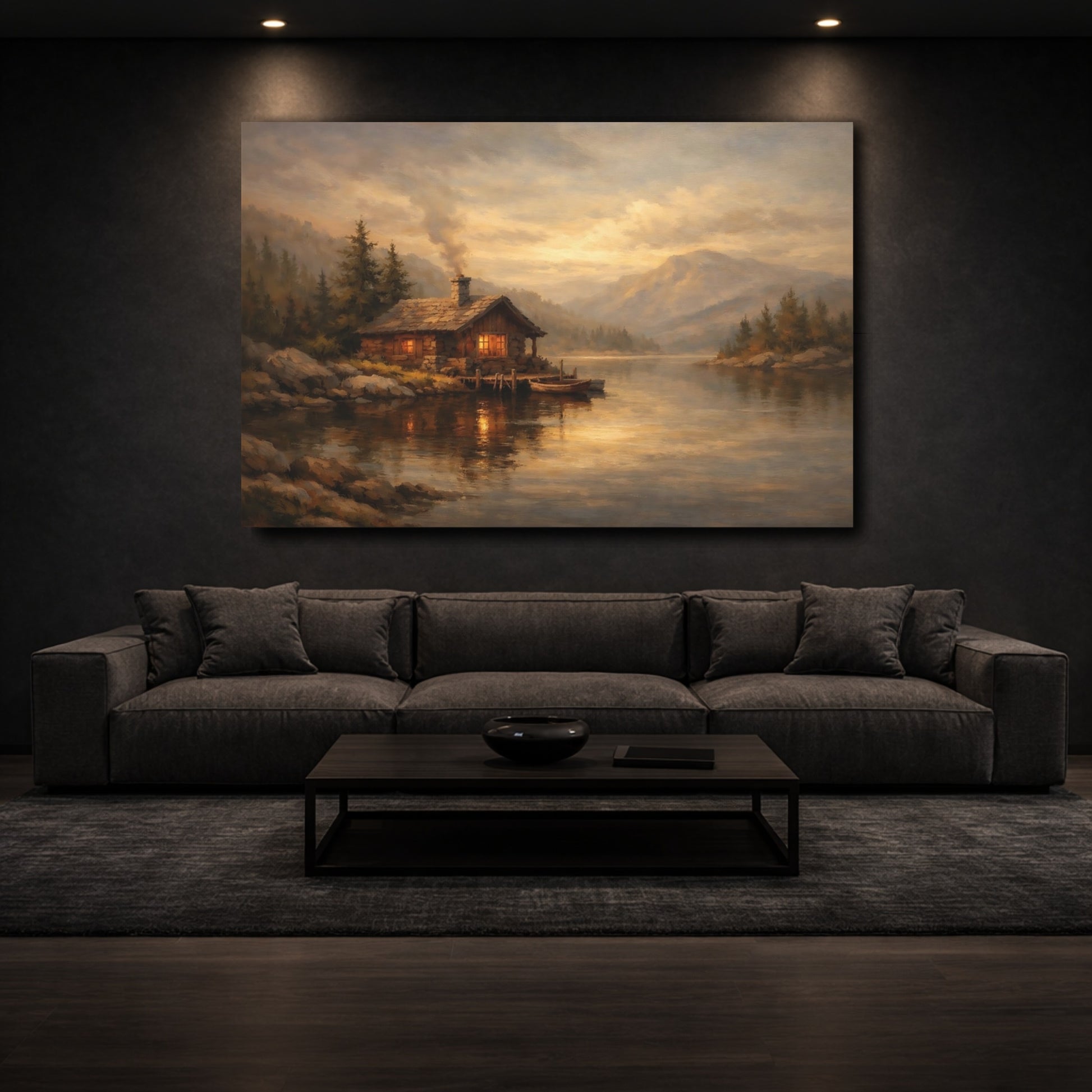 Mockup 2. Nature Lakeside Cabin Golden Lake Cabin shown as stretched canvas wall art