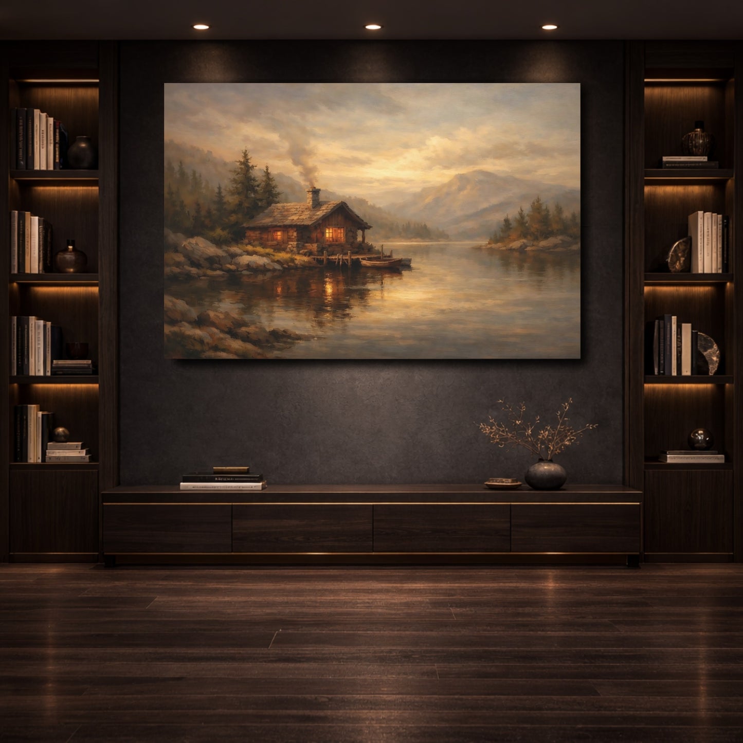 Mockup 3. Nature Lakeside Cabin Golden Lake Cabin shown as stretched canvas wall art