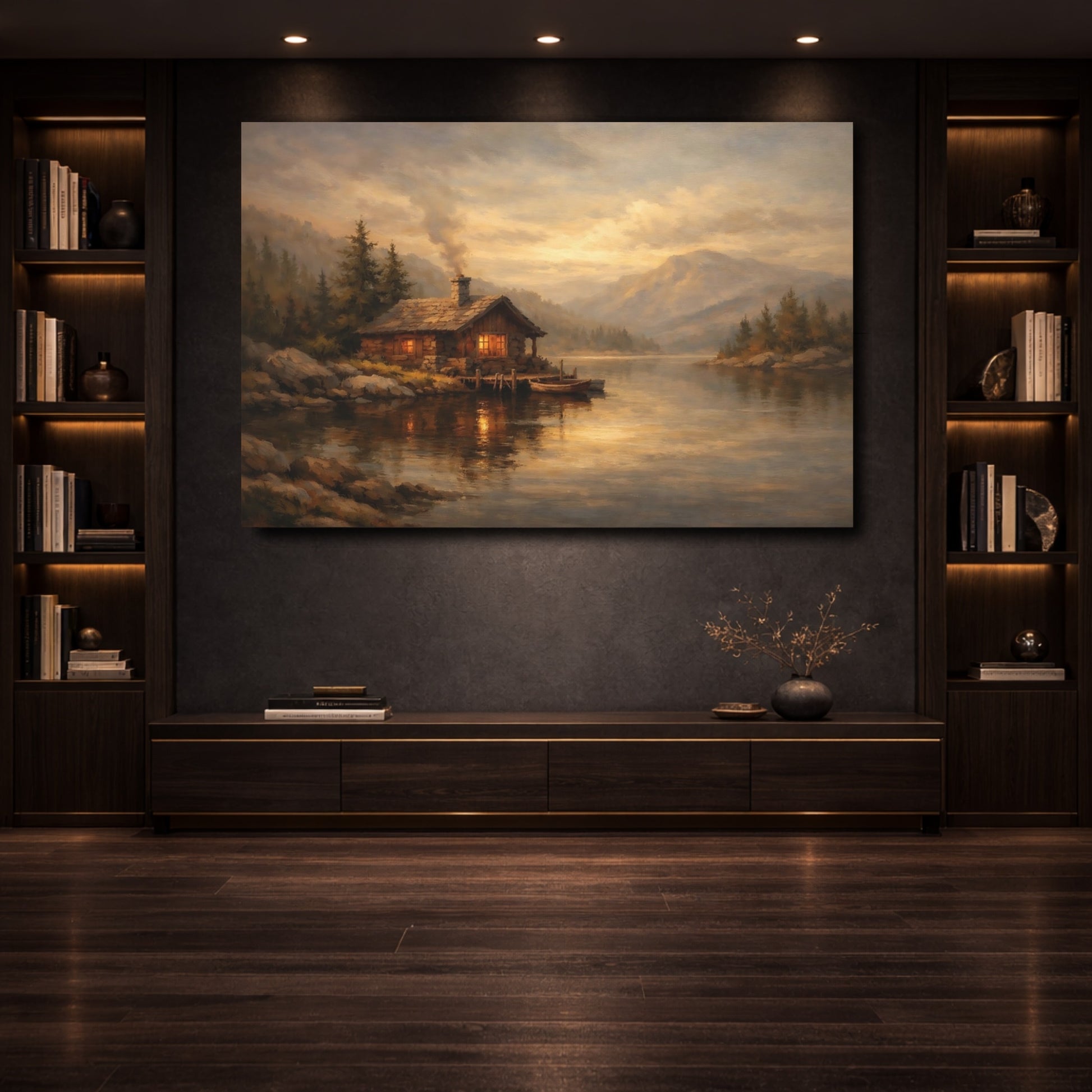 Mockup 3. Nature Lakeside Cabin Golden Lake Cabin shown as stretched canvas wall art