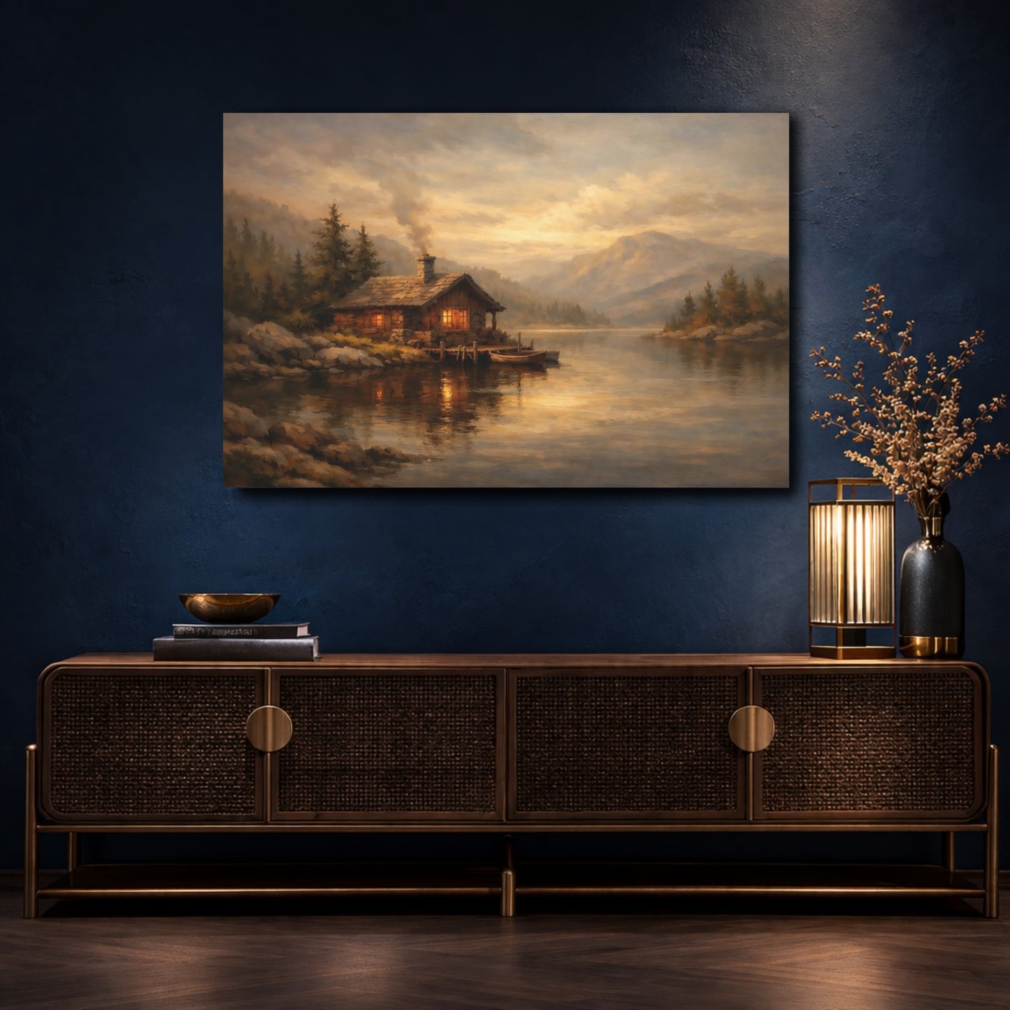 Mockup 4. Nature Lakeside Cabin Golden Lake Cabin shown as stretched canvas wall art