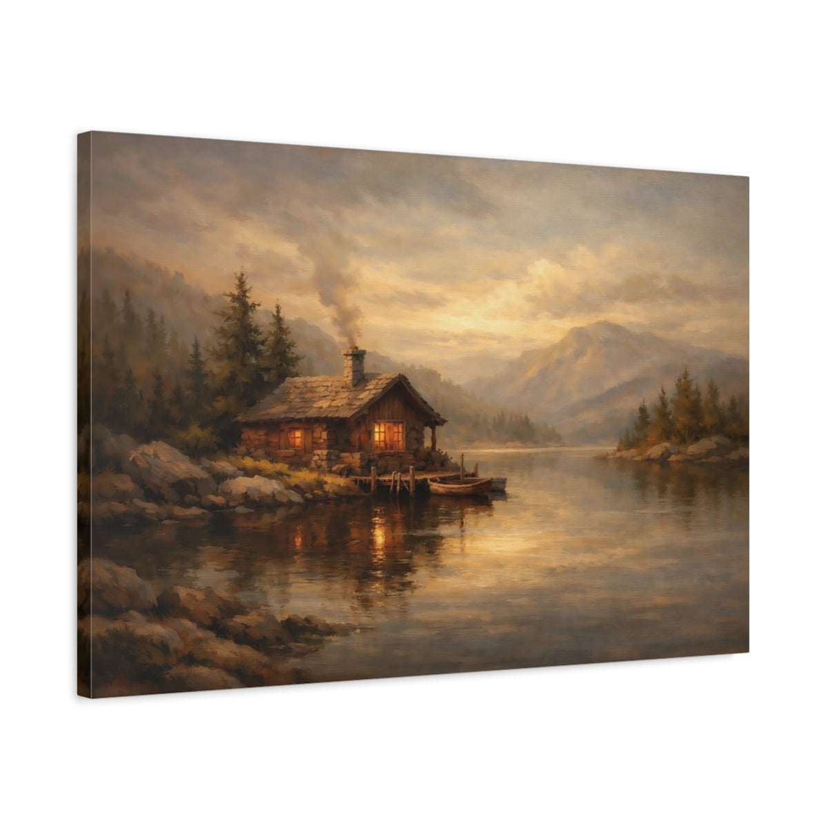 Side Mockup 2. Nature Lakeside Cabin Golden Lake Cabin shown as stretched canvas wall art