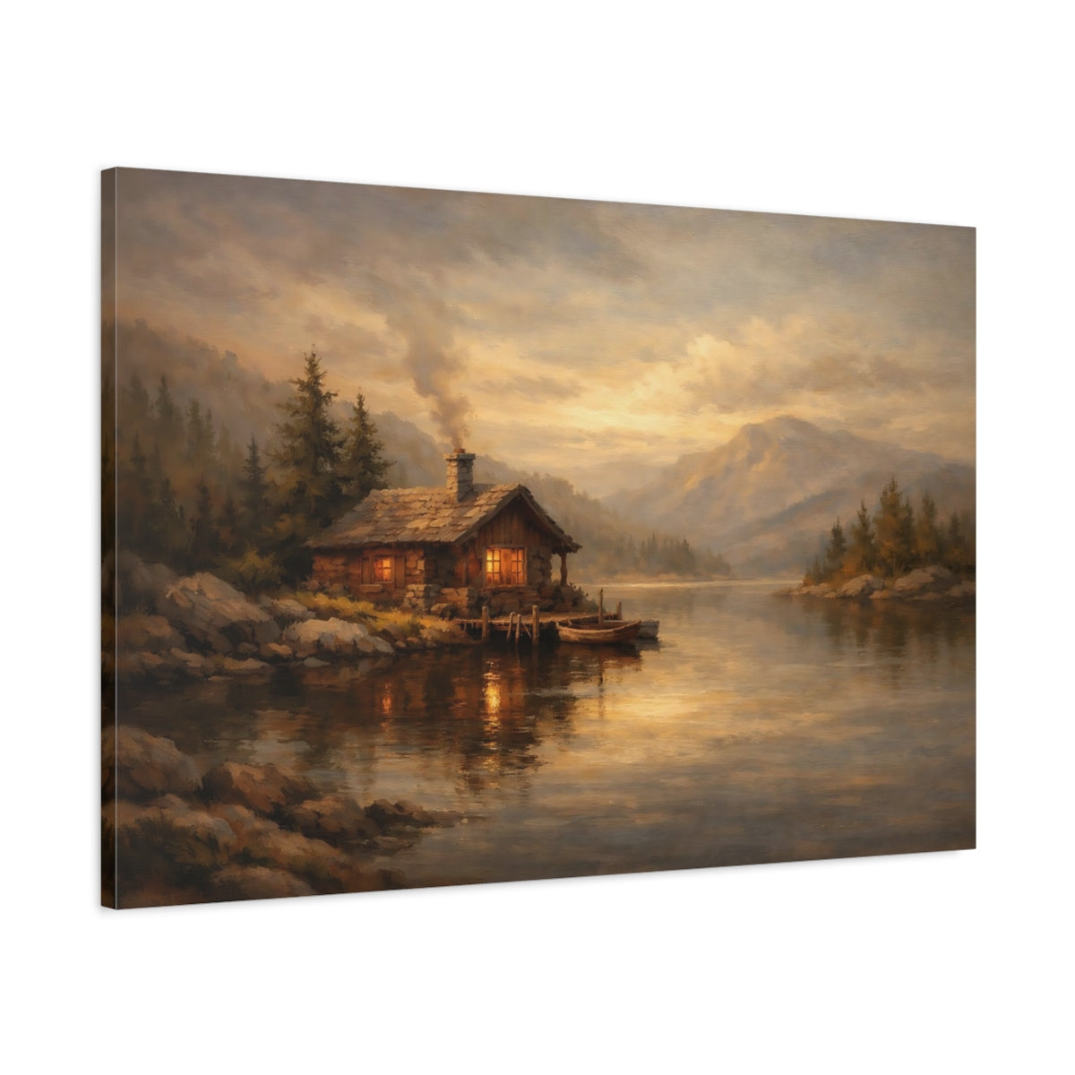 Side Mockup 1. Nature Lakeside Cabin Golden Lake Cabin shown as stretched canvas wall art