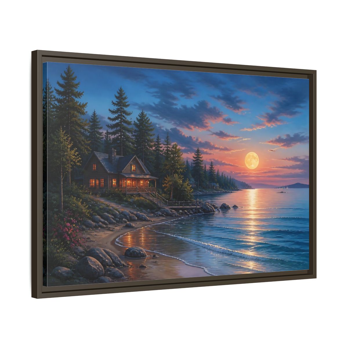 Nature Lakeside Cabin Moonlit Framed Canvas Print – Living Room, Large Wall, Blue and Orange - YesArtYes