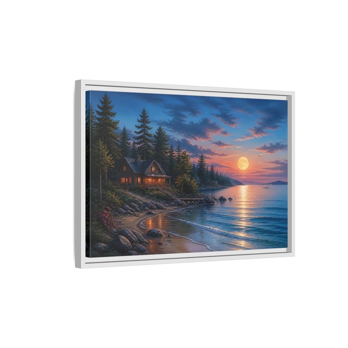 Nature Lakeside Cabin Moonlit Framed Canvas Print – Living Room, Large Wall, Blue and Orange - YesArtYes