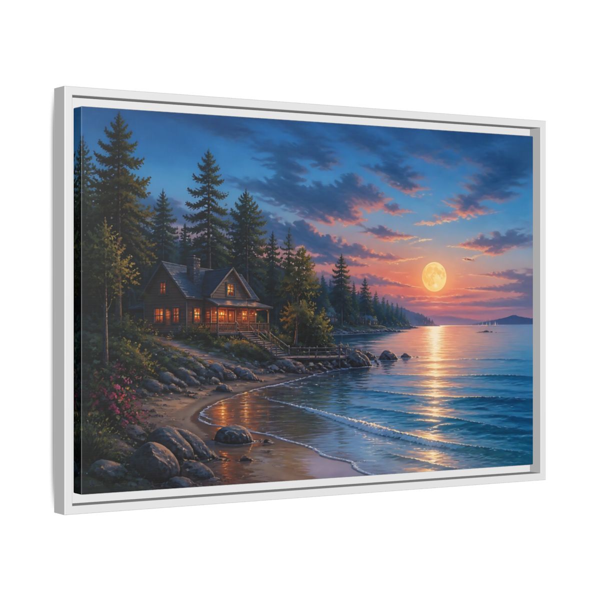 Nature Lakeside Cabin Moonlit Framed Canvas Print – Living Room, Large Wall, Blue and Orange - YesArtYes