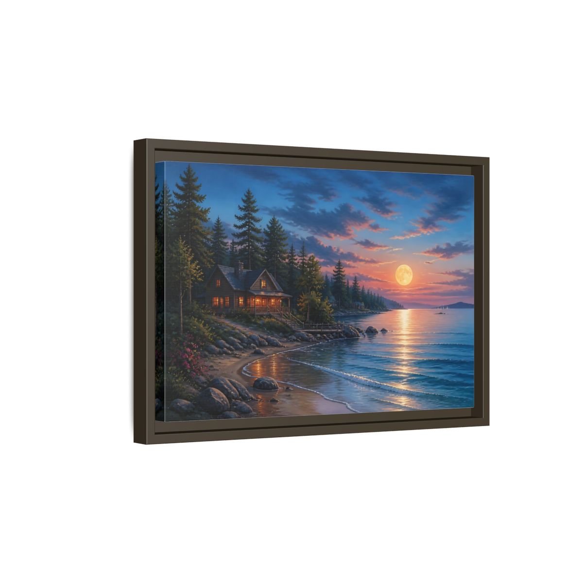 Nature Lakeside Cabin Moonlit Framed Canvas Print – Living Room, Large Wall, Blue and Orange - YesArtYes