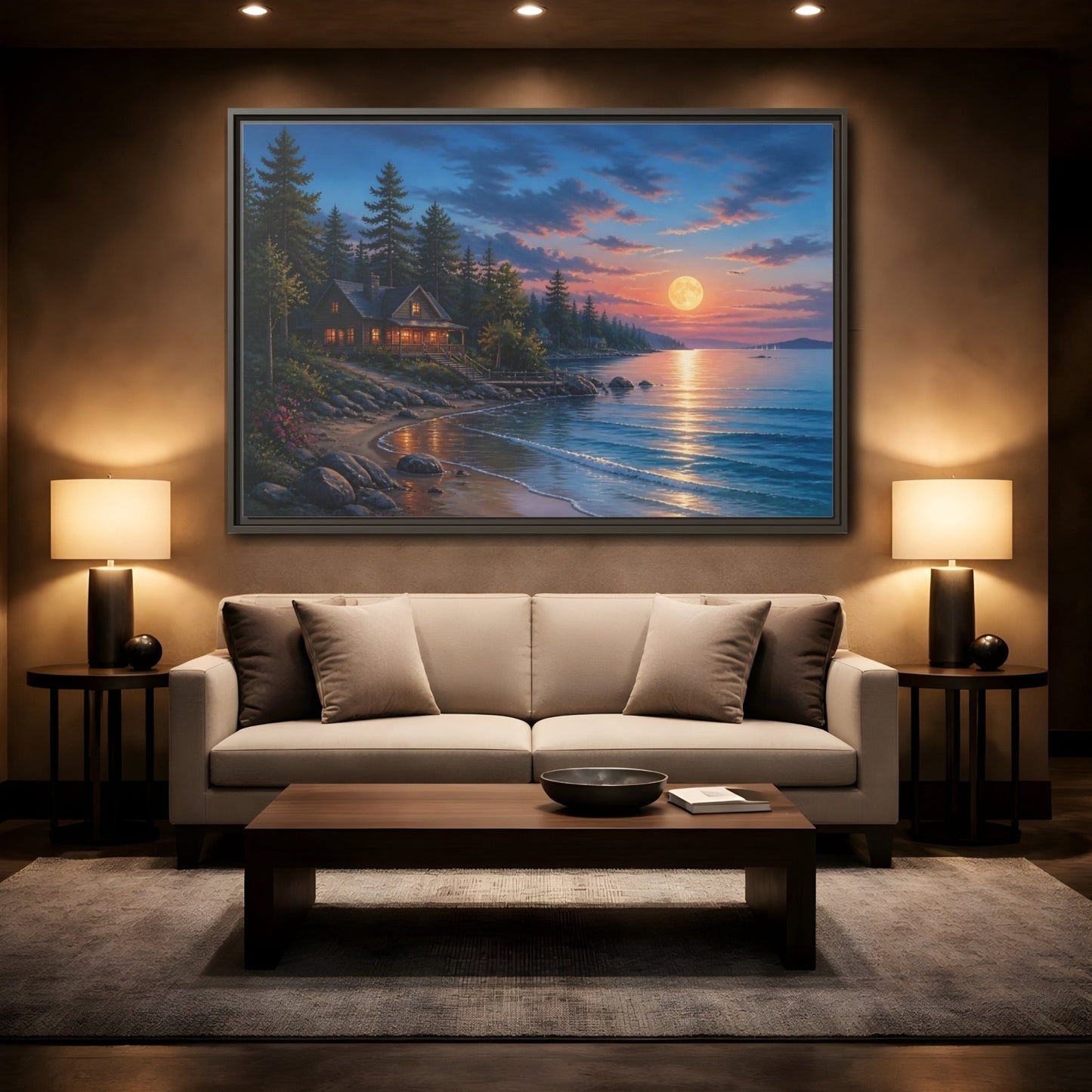 Nature Lakeside Cabin Moonlit Framed Canvas Print – Living Room, Large Wall, Blue and Orange - YesArtYes