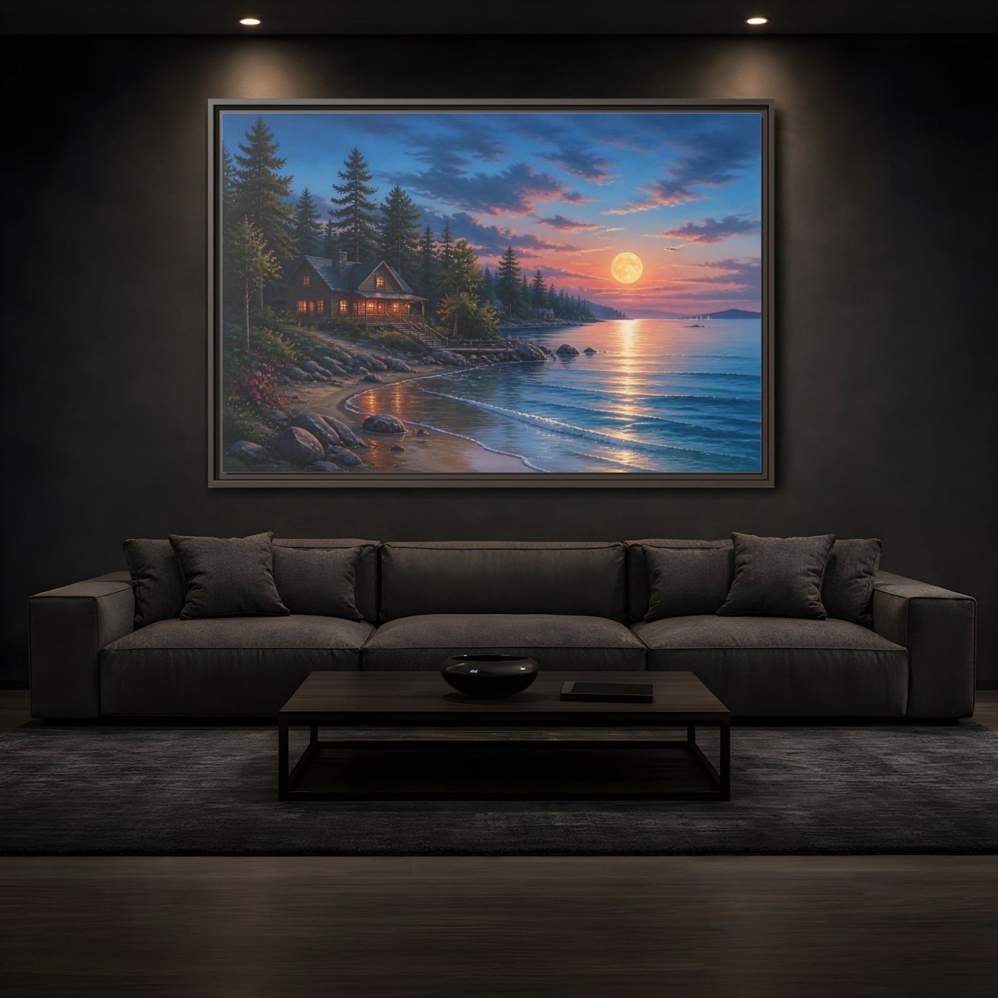 Nature Lakeside Cabin Moonlit Framed Canvas Print – Living Room, Large Wall, Blue and Orange - YesArtYes