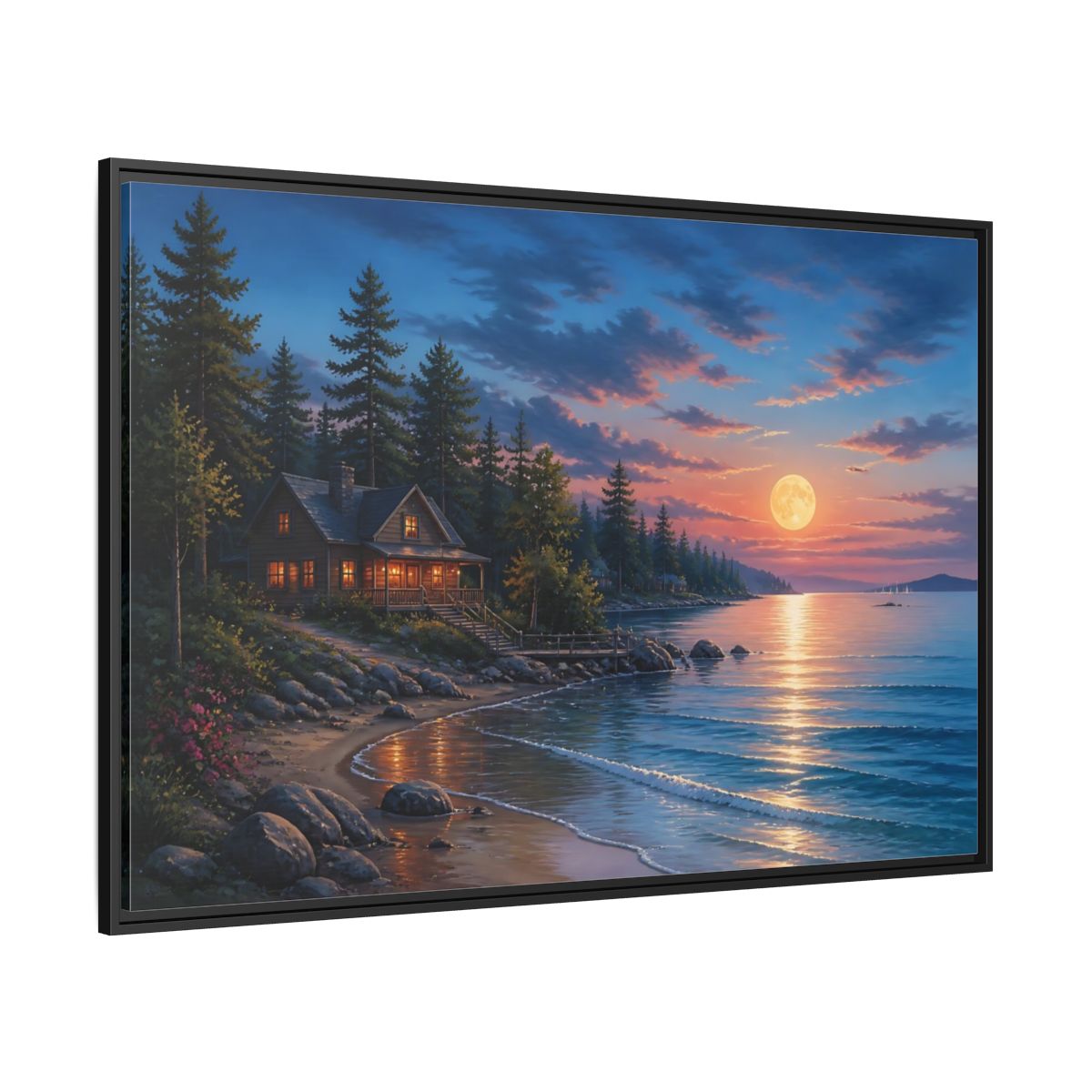 Nature Lakeside Cabin Moonlit Framed Canvas Print – Living Room, Large Wall, Blue and Orange - YesArtYes