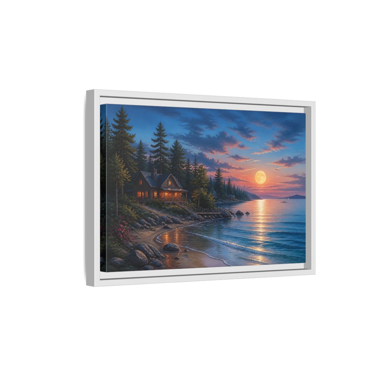 Side Mockup 4. Nature Lakeside Cabin Moonlit Lakeside Cabin shown as stretched canvas wall art