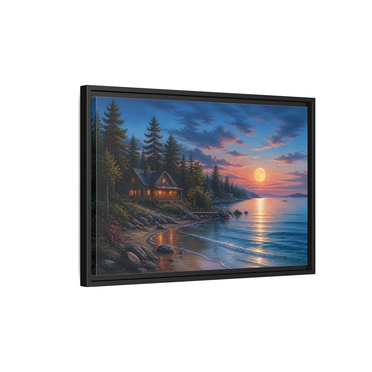 Side Mockup 3. Nature Lakeside Cabin Moonlit Lakeside Cabin shown as stretched canvas wall art
