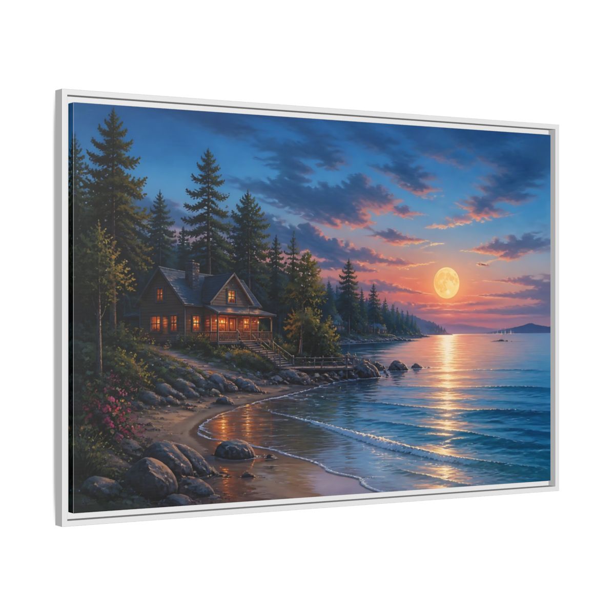 Side Mockup 7. Nature Lakeside Cabin Moonlit Lakeside Cabin shown as stretched canvas wall art