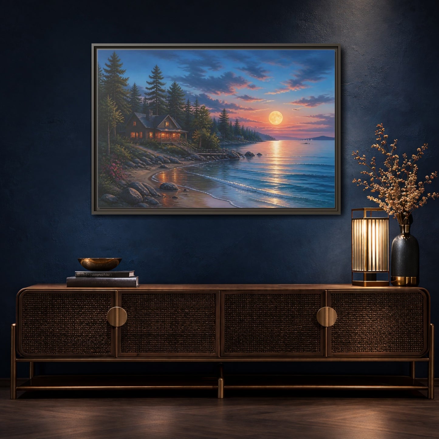 Mockup 4. Nature Lakeside Cabin Moonlit Lakeside Cabin shown as stretched canvas wall art