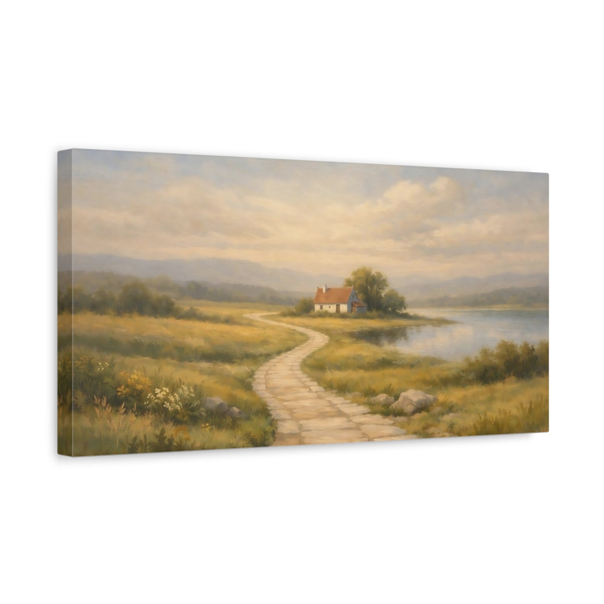 Side Mockup 3. Nature Lakeside Cottage Muted Landscape shown as stretched canvas wall art