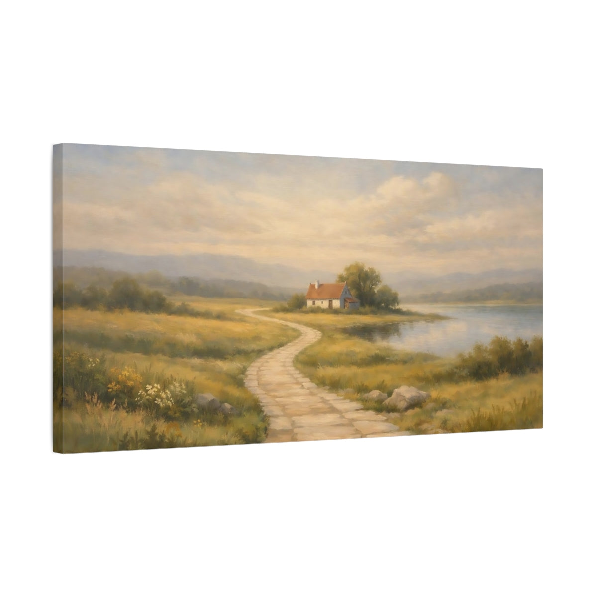 Side Mockup 2. Nature Lakeside Cottage Muted Landscape shown as stretched canvas wall art