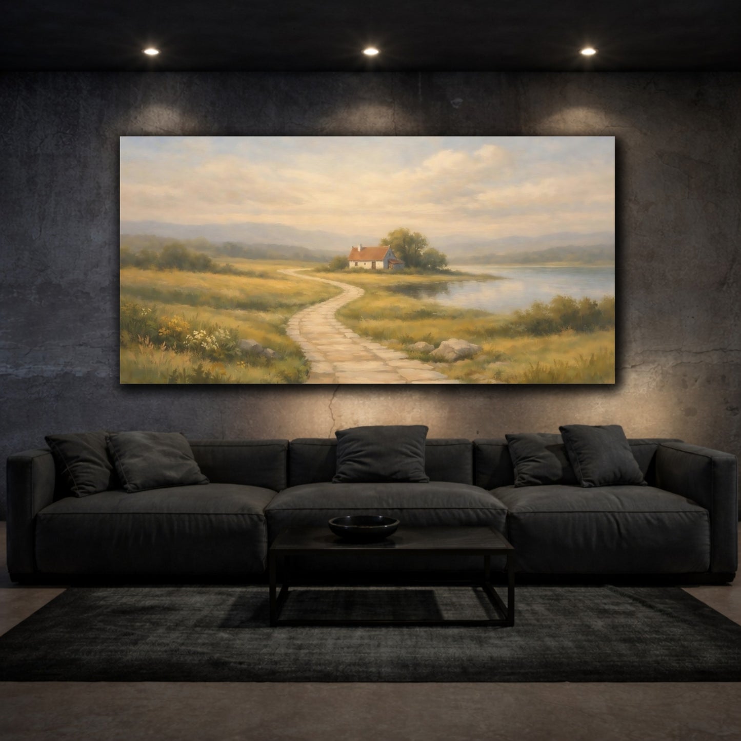 Mockup 2. Nature Lakeside Cottage Muted Landscape shown as stretched canvas wall art