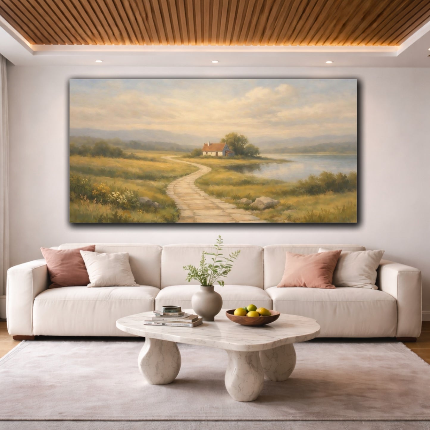 Mockup 3. Nature Lakeside Cottage Muted Landscape shown as stretched canvas wall art