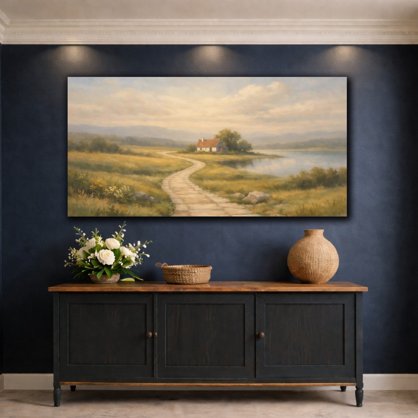 Mockup 4. Nature Lakeside Cottage Muted Landscape shown as stretched canvas wall art