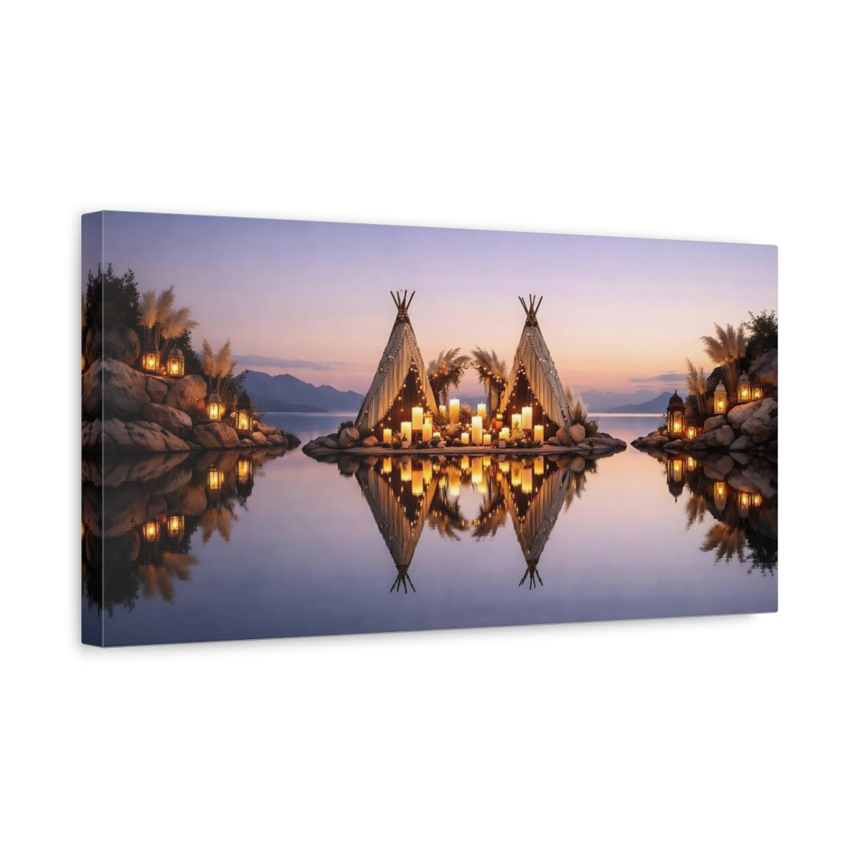Side Mockup 3. Nature Lakeside Teepees Boho Candlelight Lake shown as stretched canvas wall art