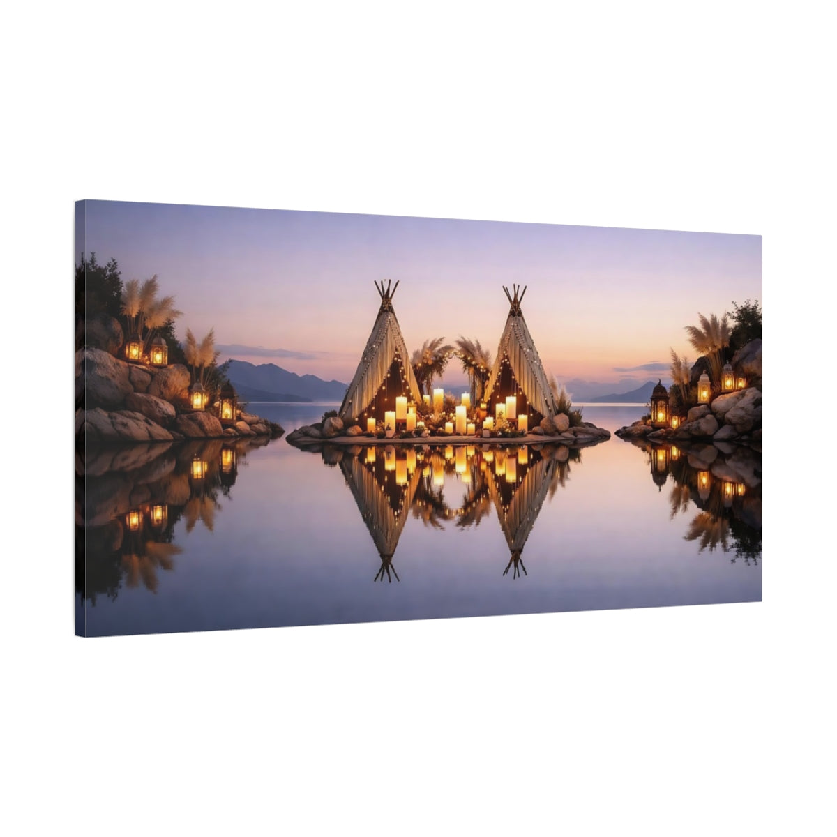 Side Mockup 1. Nature Lakeside Teepees Boho Candlelight Lake shown as stretched canvas wall art