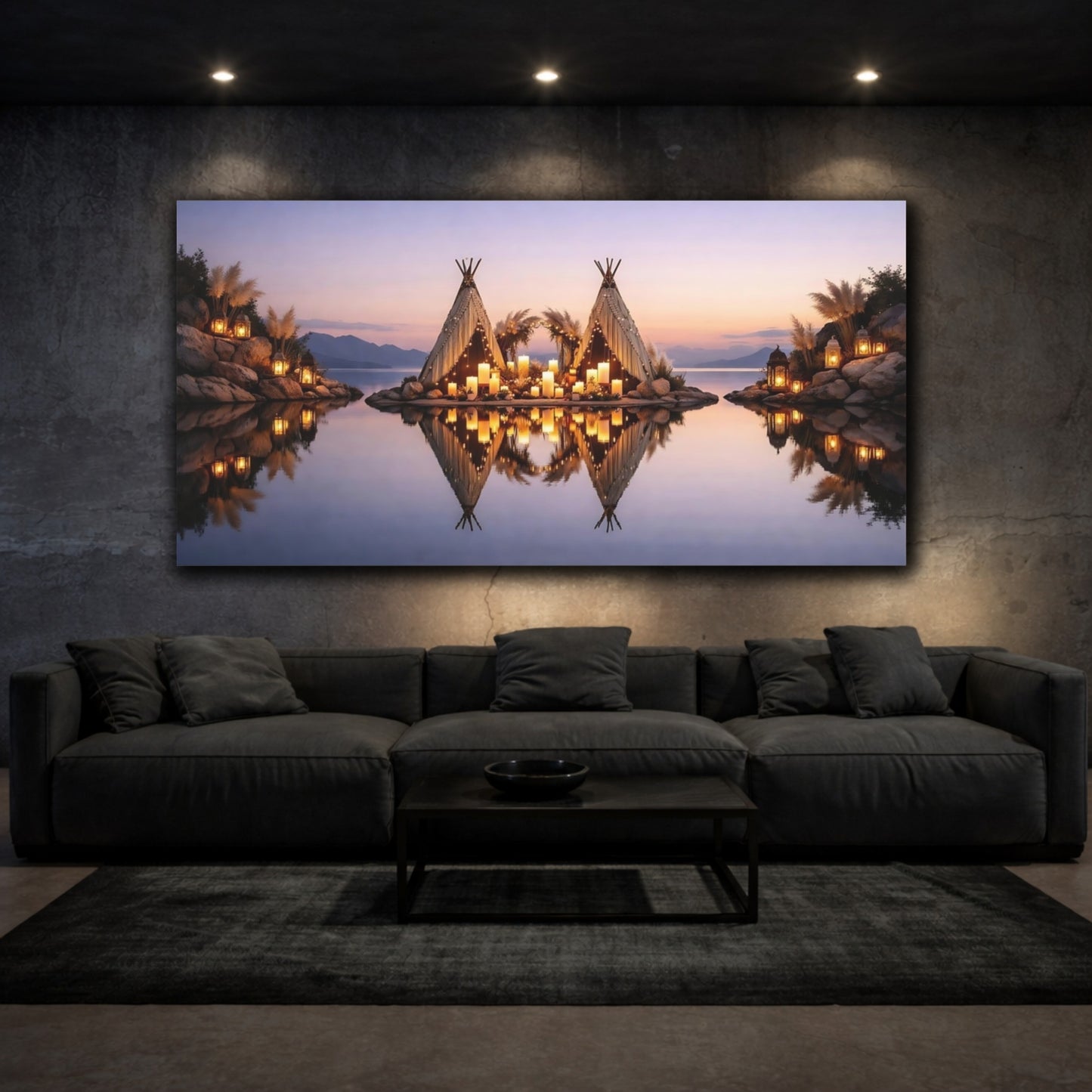 Mockup 2. Nature Lakeside Teepees Boho Candlelight Lake shown as stretched canvas wall art