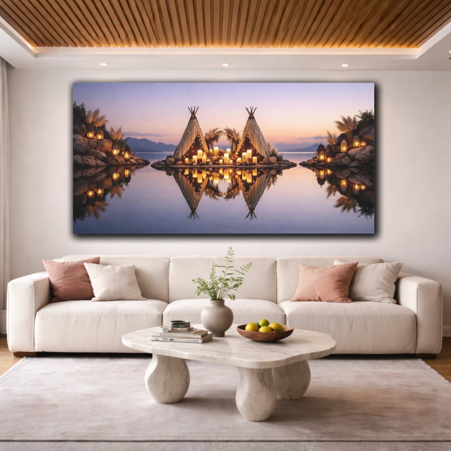 Mockup 3. Nature Lakeside Teepees Boho Candlelight Lake shown as stretched canvas wall art