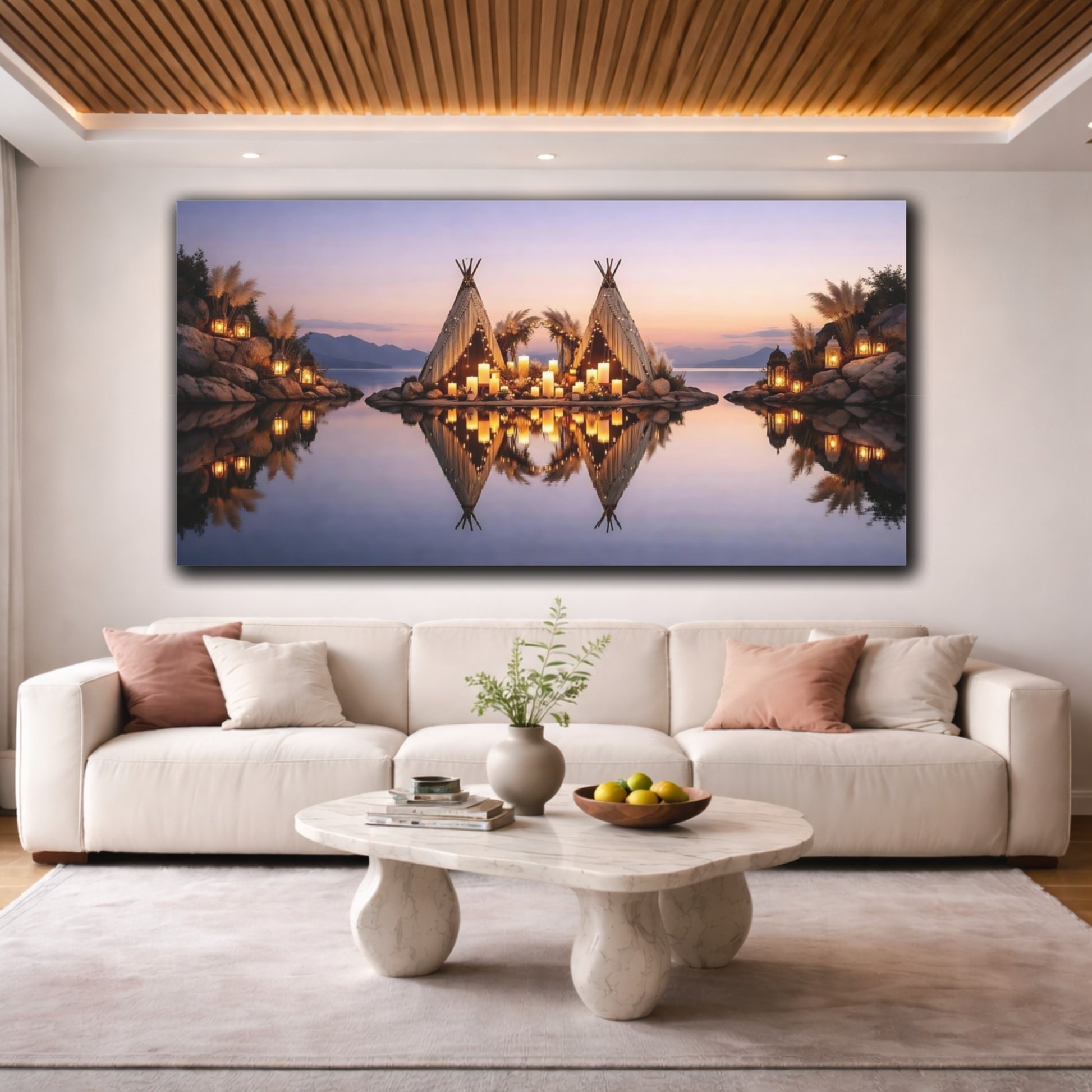 Mockup 3. Nature Lakeside Teepees Boho Candlelight Lake shown as stretched canvas wall art