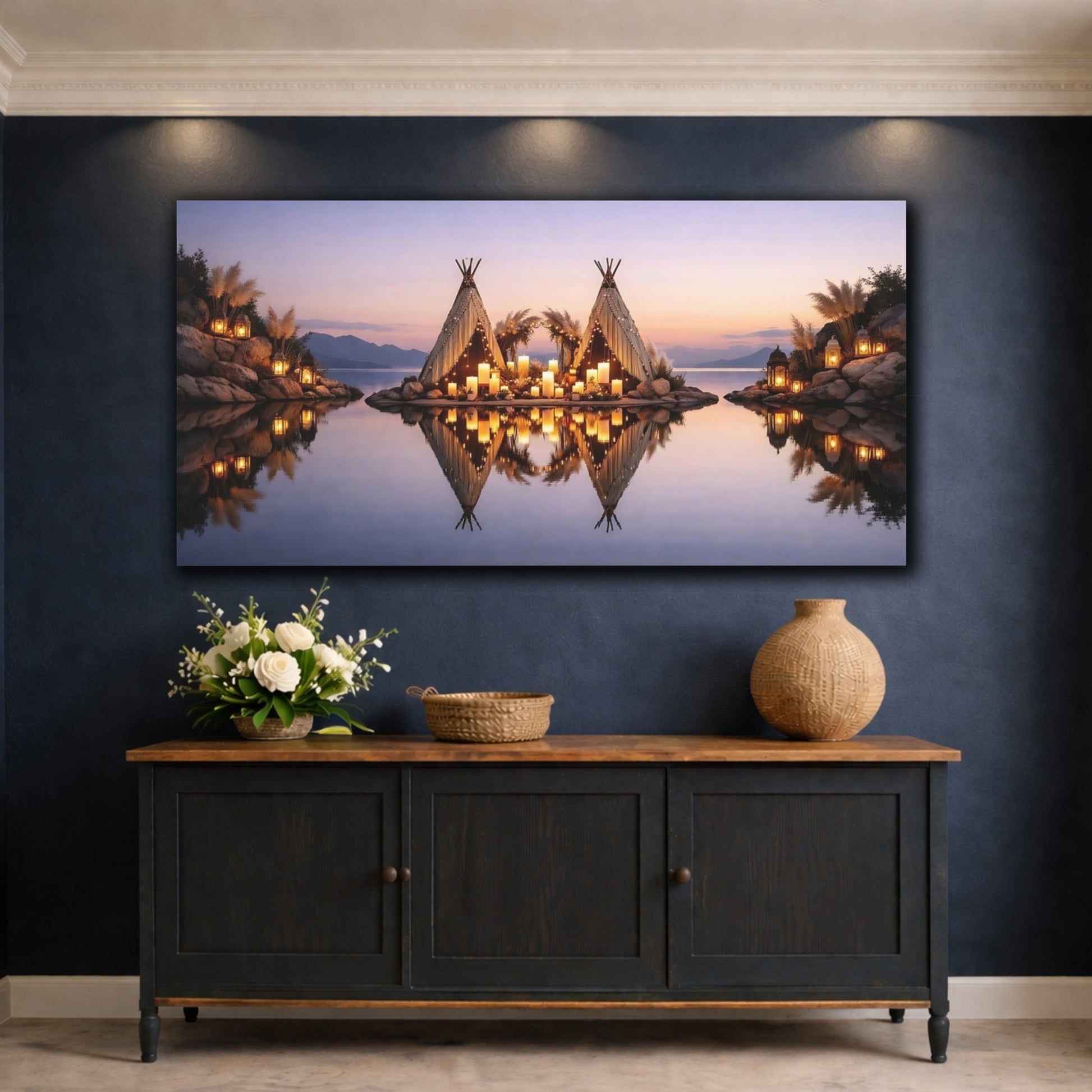 Mockup 4. Nature Lakeside Teepees Boho Candlelight Lake shown as stretched canvas wall art