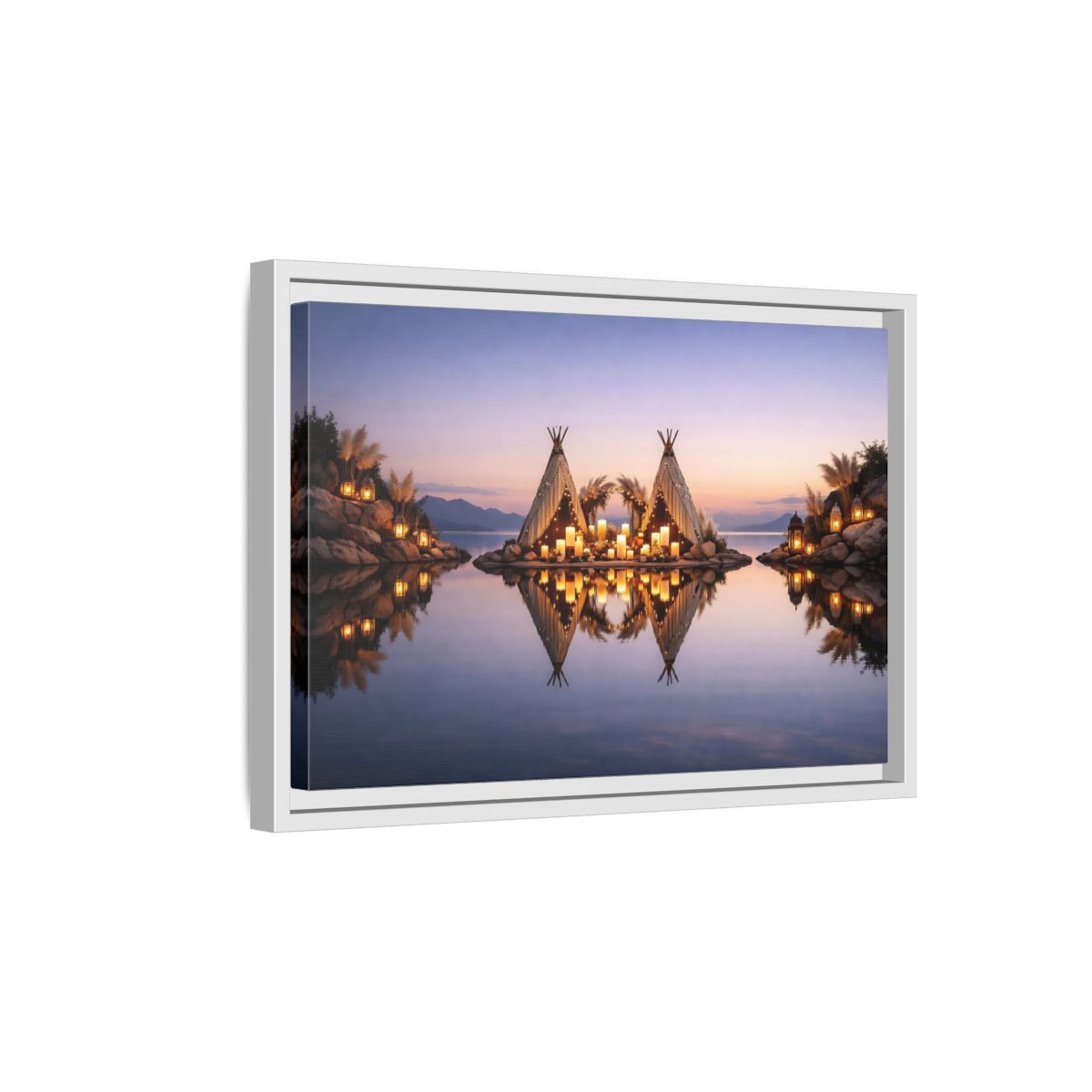 Side Mockup 4. Nature Lakeside Tents Sunset Lake Decor shown as stretched canvas wall art