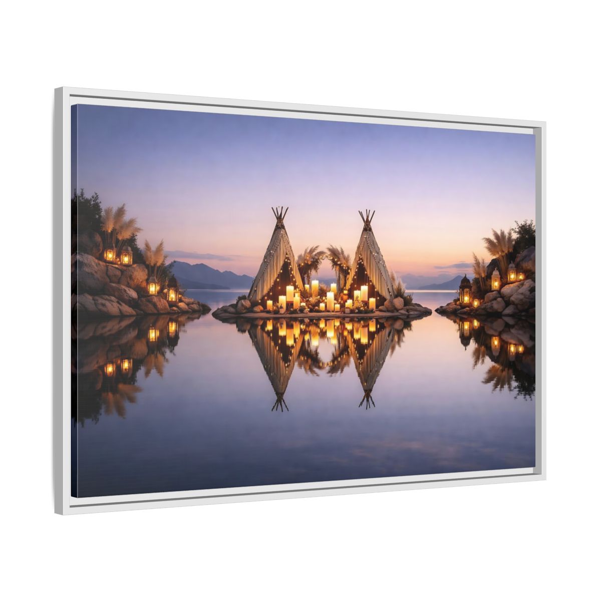 Side Mockup 8. Nature Lakeside Tents Sunset Lake Decor shown as stretched canvas wall art