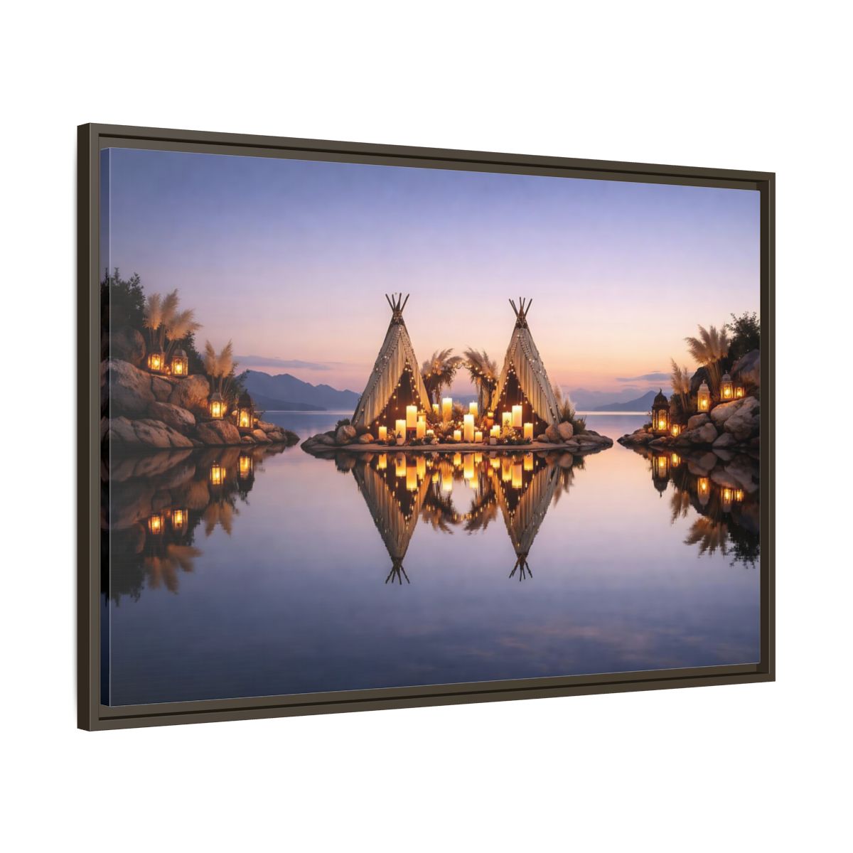 Side Mockup 9. Nature Lakeside Tents Sunset Lake Decor shown as stretched canvas wall art
