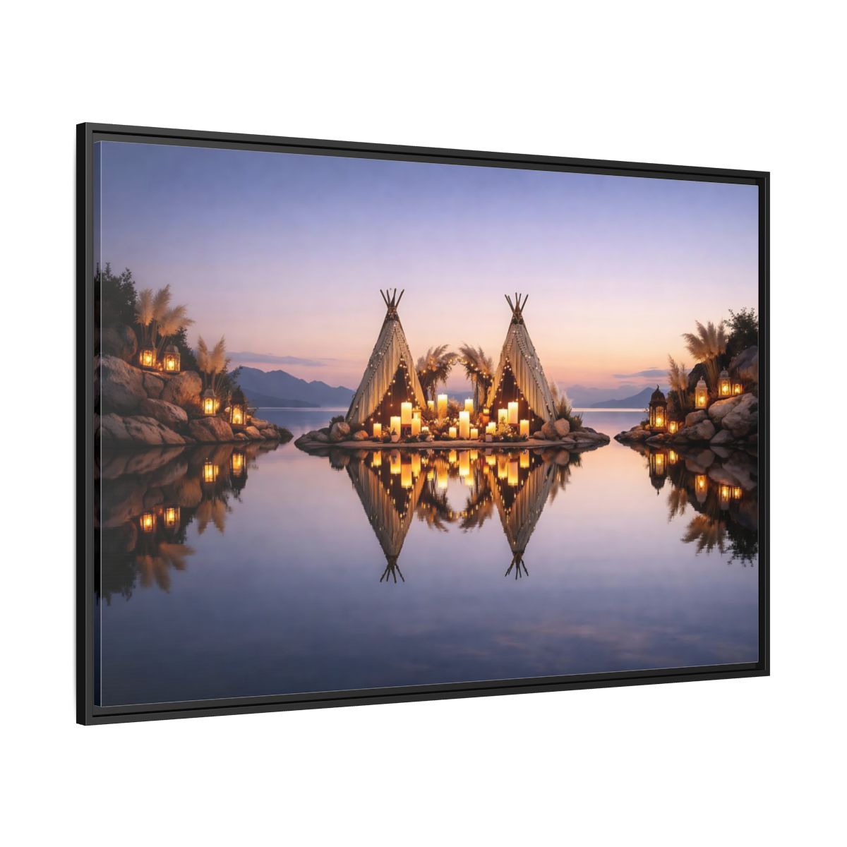 Side Mockup 12. Nature Lakeside Tents Sunset Lake Decor shown as stretched canvas wall art