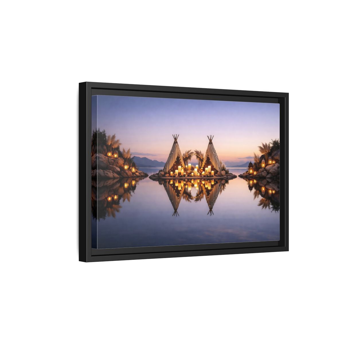 Side Mockup 6. Nature Lakeside Tents Sunset Lake Decor shown as stretched canvas wall art