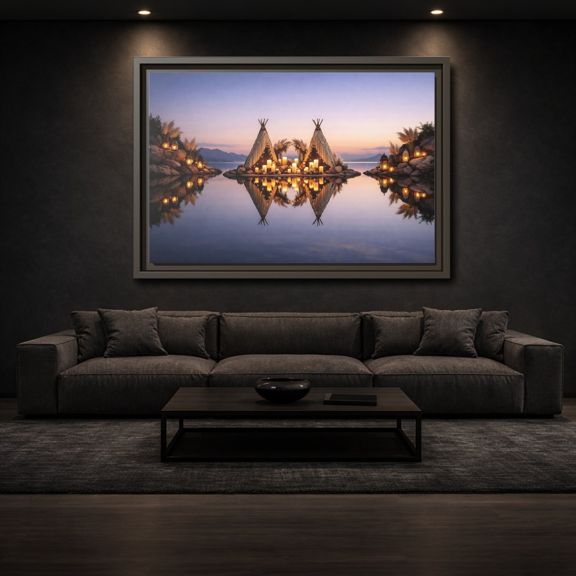 Mockup 2. Nature Lakeside Tents Sunset Lake Decor shown as stretched canvas wall art