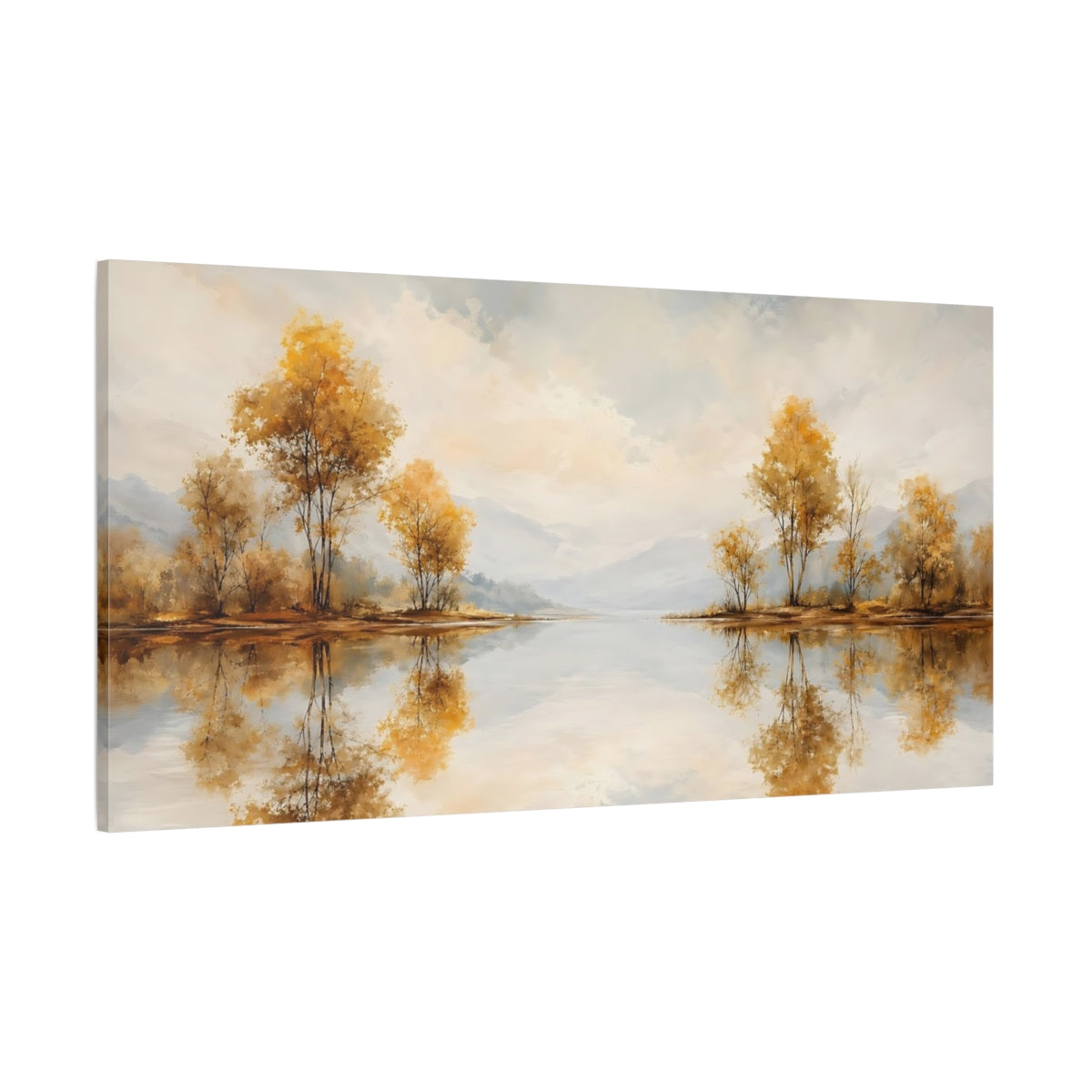 Side Mockup 2. Nature Lakeside Trees Golden Autumn Lake shown as stretched canvas wall art