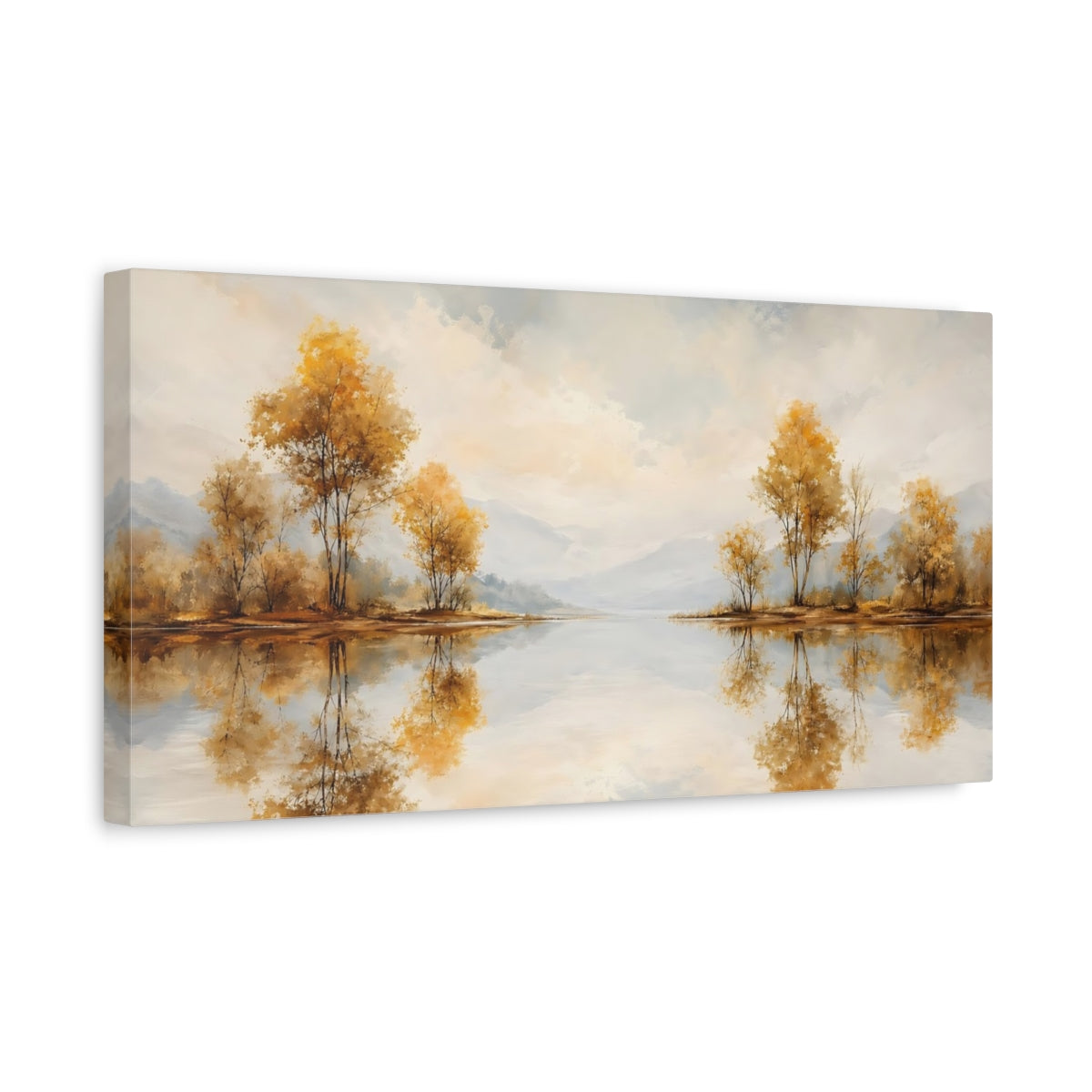Side Mockup 3. Nature Lakeside Trees Golden Autumn Lake shown as stretched canvas wall art