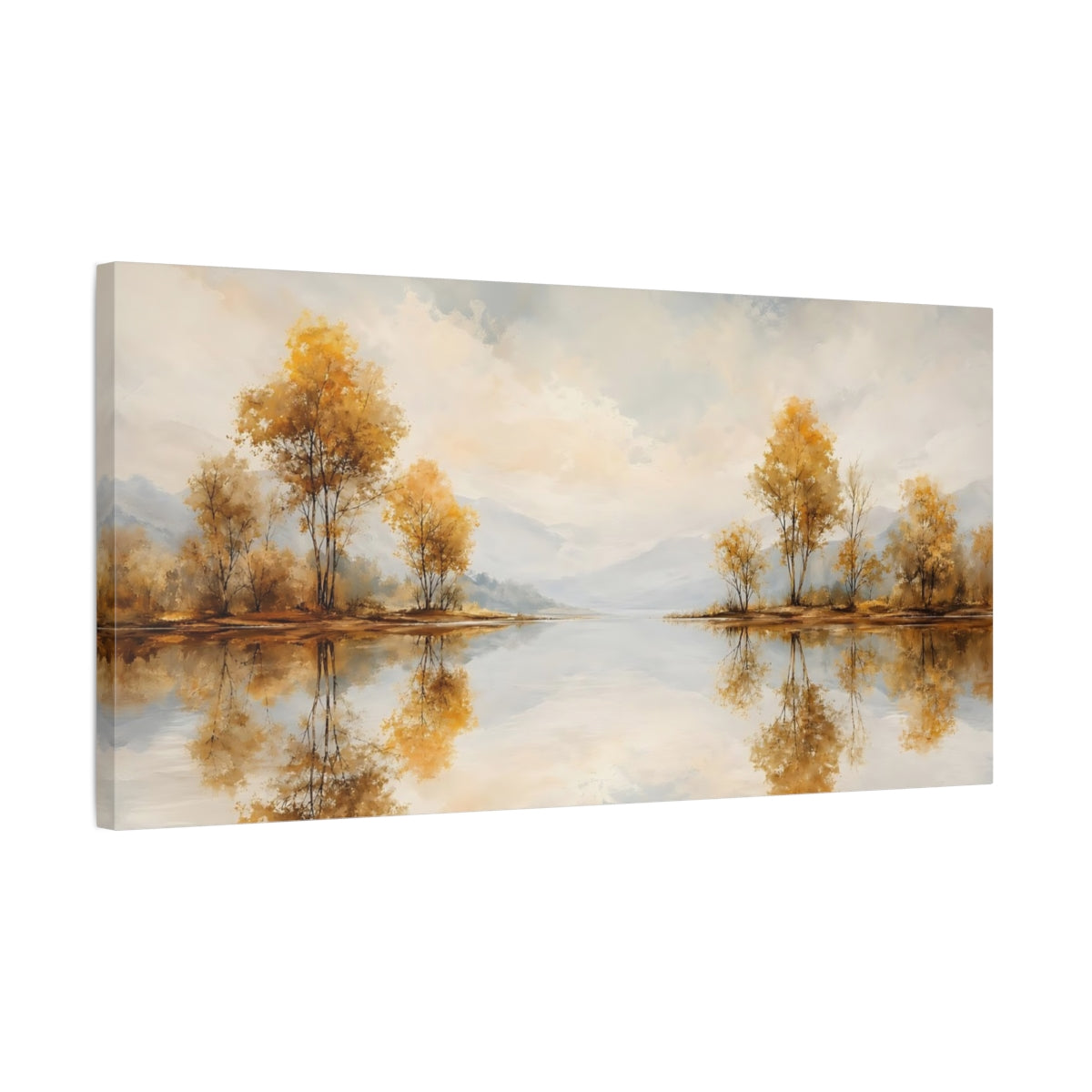 Side Mockup 1. Nature Lakeside Trees Golden Autumn Lake shown as stretched canvas wall art