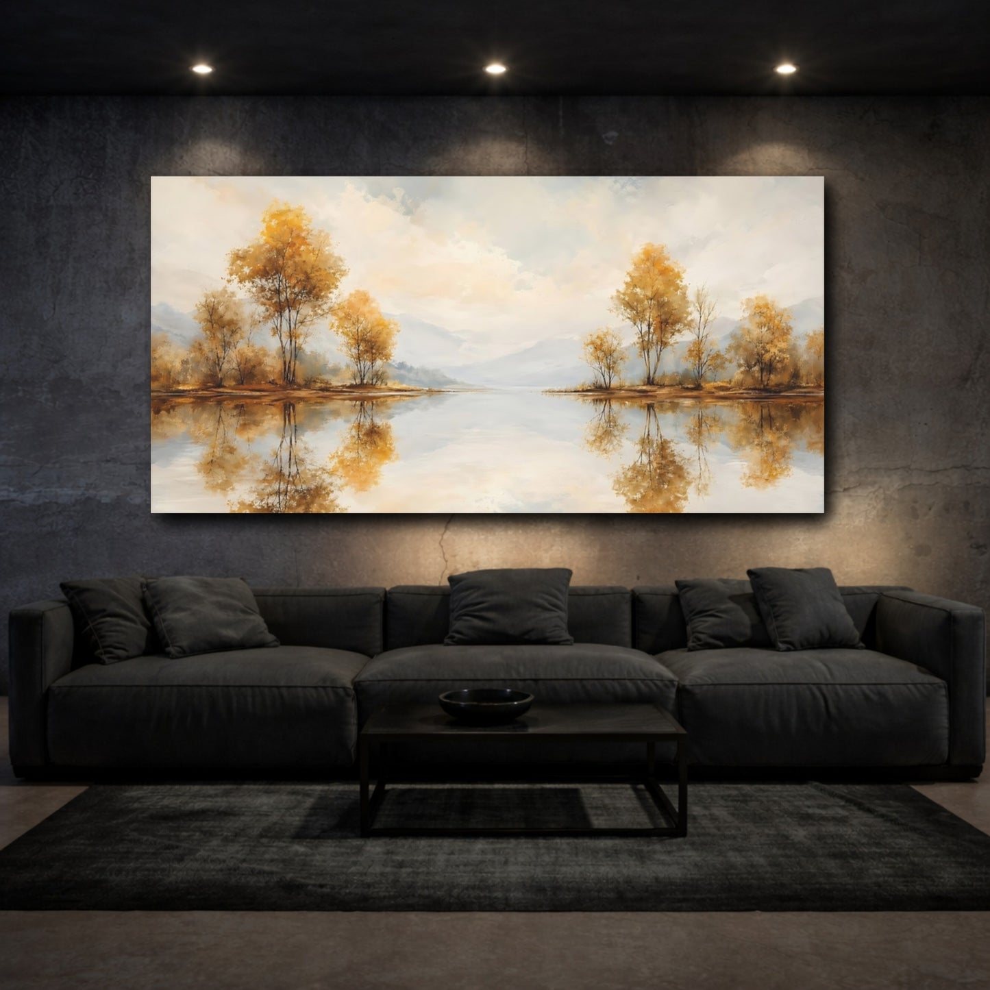 Mockup 2. Nature Lakeside Trees Golden Autumn Lake shown as stretched canvas wall art