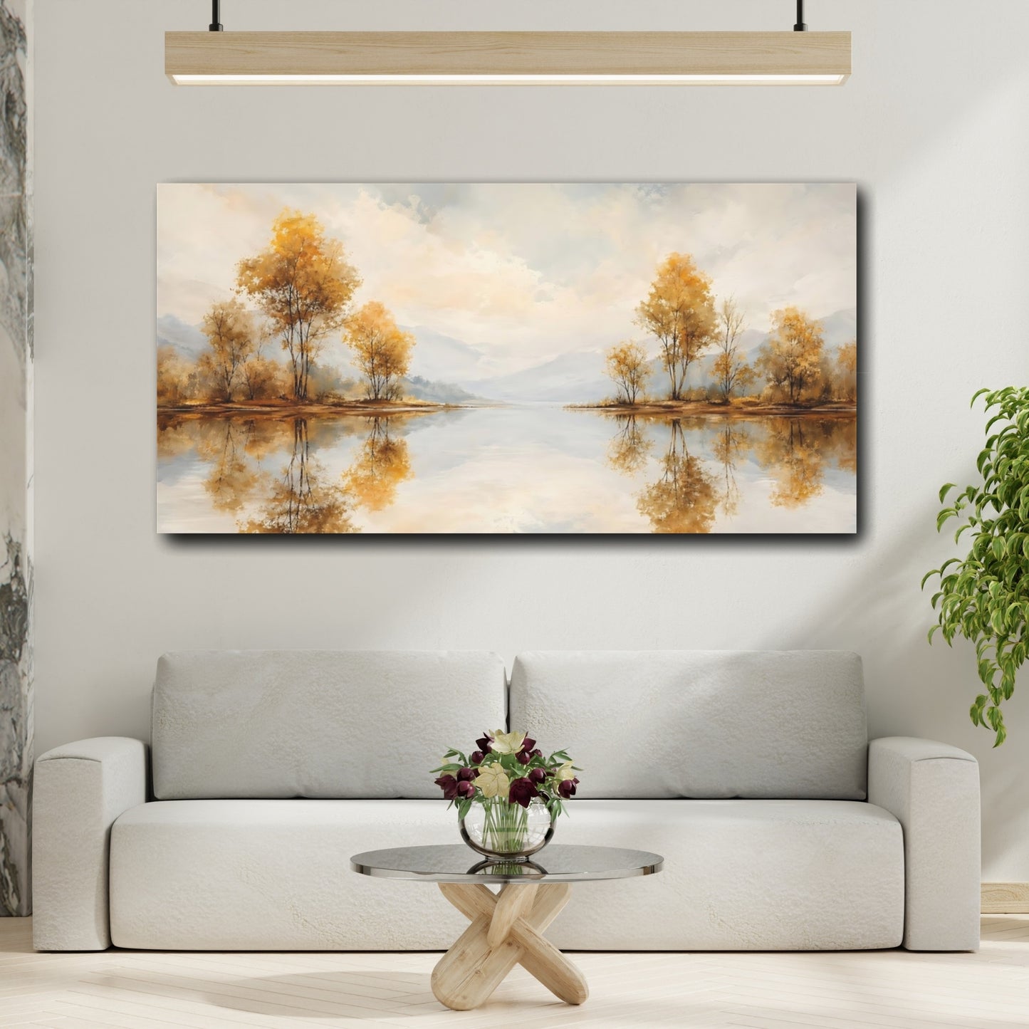 Mockup 3. Nature Lakeside Trees Golden Autumn Lake shown as stretched canvas wall art