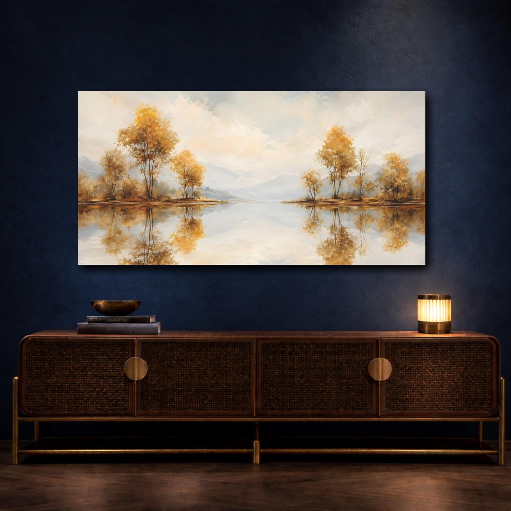 Mockup 4. Nature Lakeside Trees Golden Autumn Lake shown as stretched canvas wall art