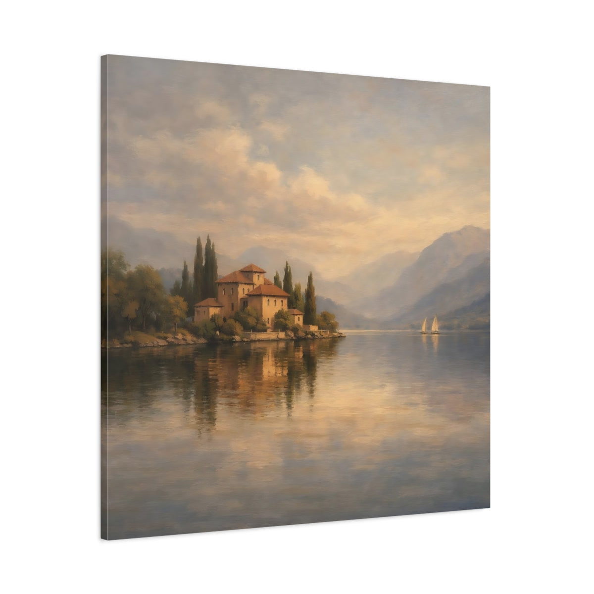 Main Mockup. Nature Lakeside Villa Lake Villa Scene shown as stretched canvas wall art