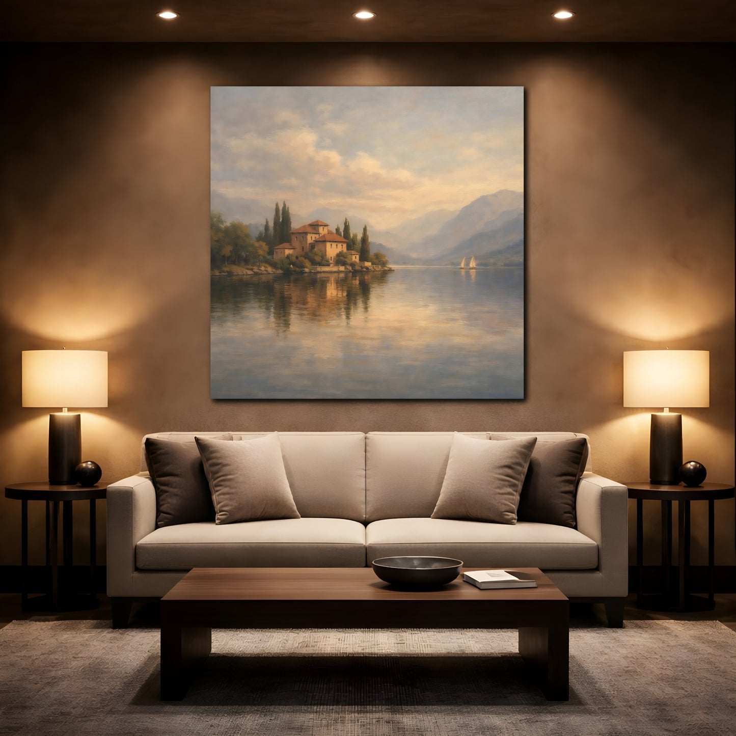 Mockup 2. Nature Lakeside Villa Lake Villa Scene shown as stretched canvas wall art