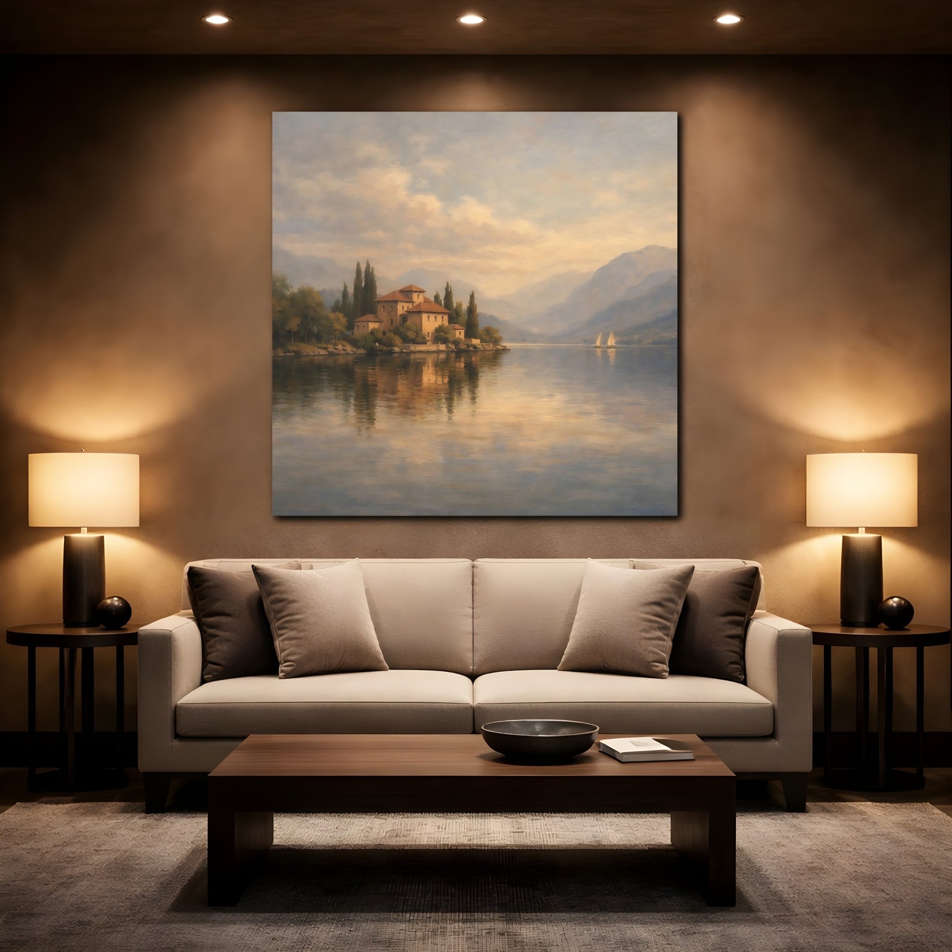 Mockup 2. Nature Lakeside Villa Lake Villa Scene shown as stretched canvas wall art