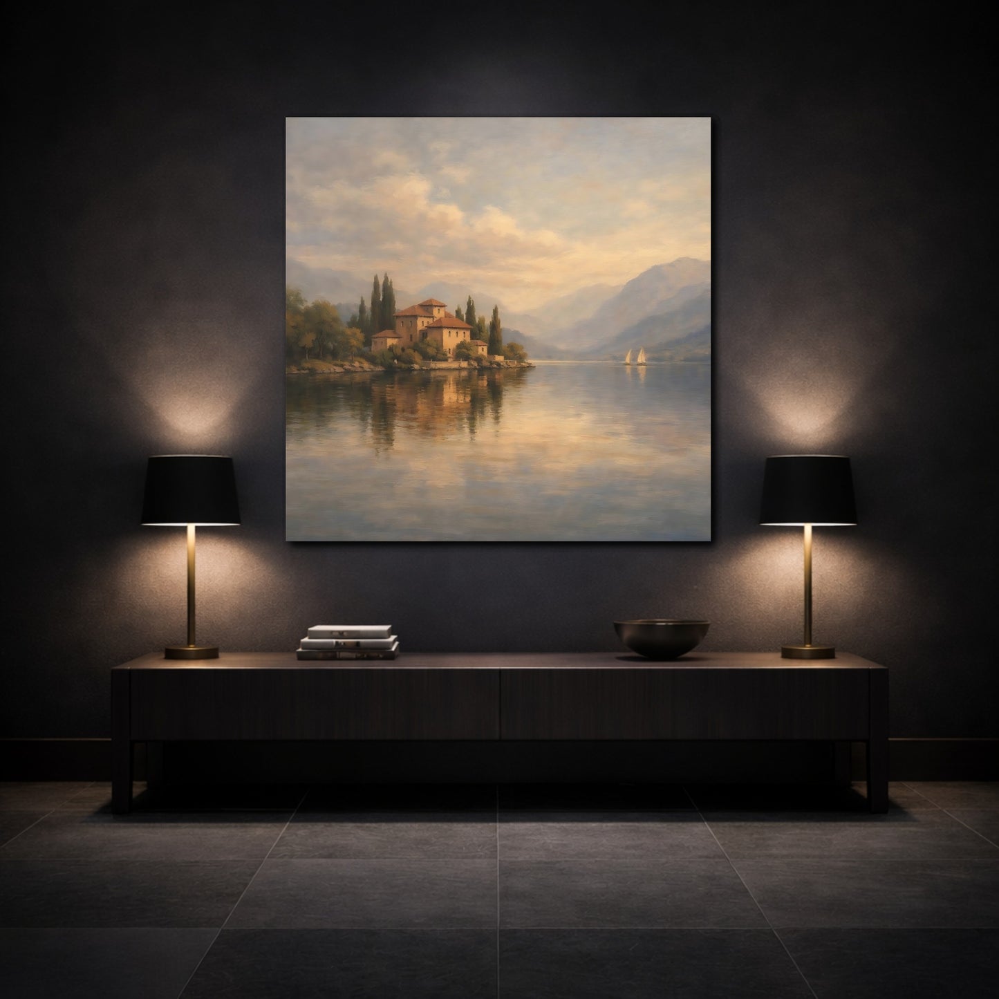 Mockup 3. Nature Lakeside Villa Lake Villa Scene shown as stretched canvas wall art