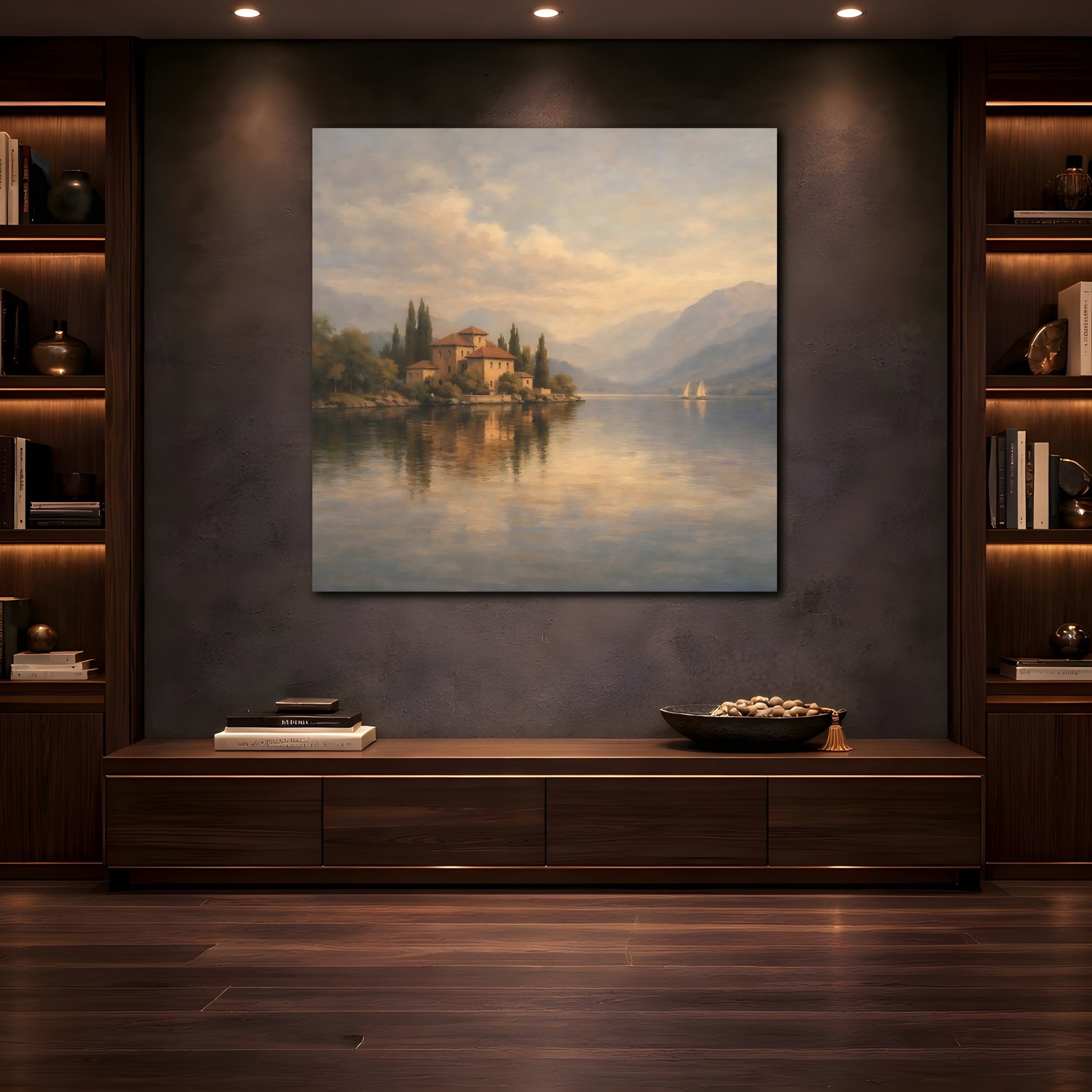 Mockup 4. Nature Lakeside Villa Lake Villa Scene shown as stretched canvas wall art