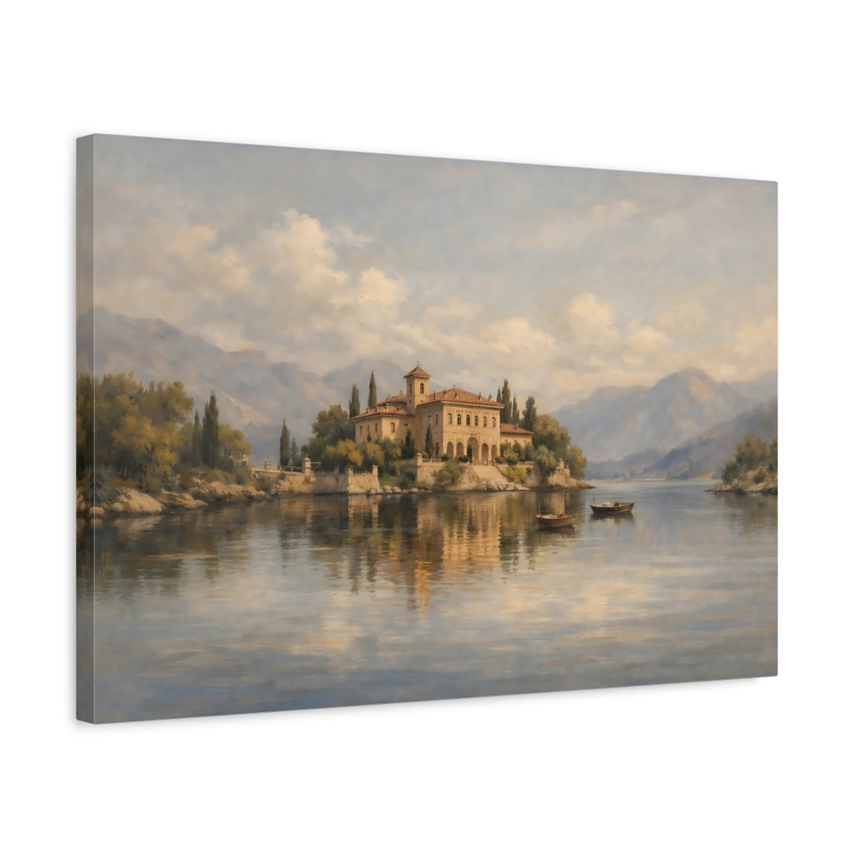 Side Mockup 3. Nature Lakeside Villa Warm Lakeside Villa shown as stretched canvas wall art