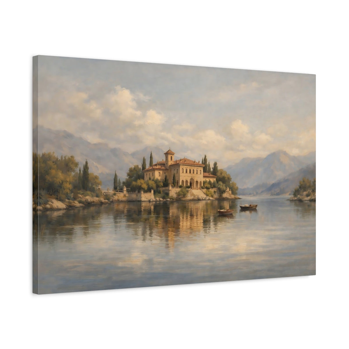 Side Mockup 2. Nature Lakeside Villa Warm Lakeside Villa shown as stretched canvas wall art