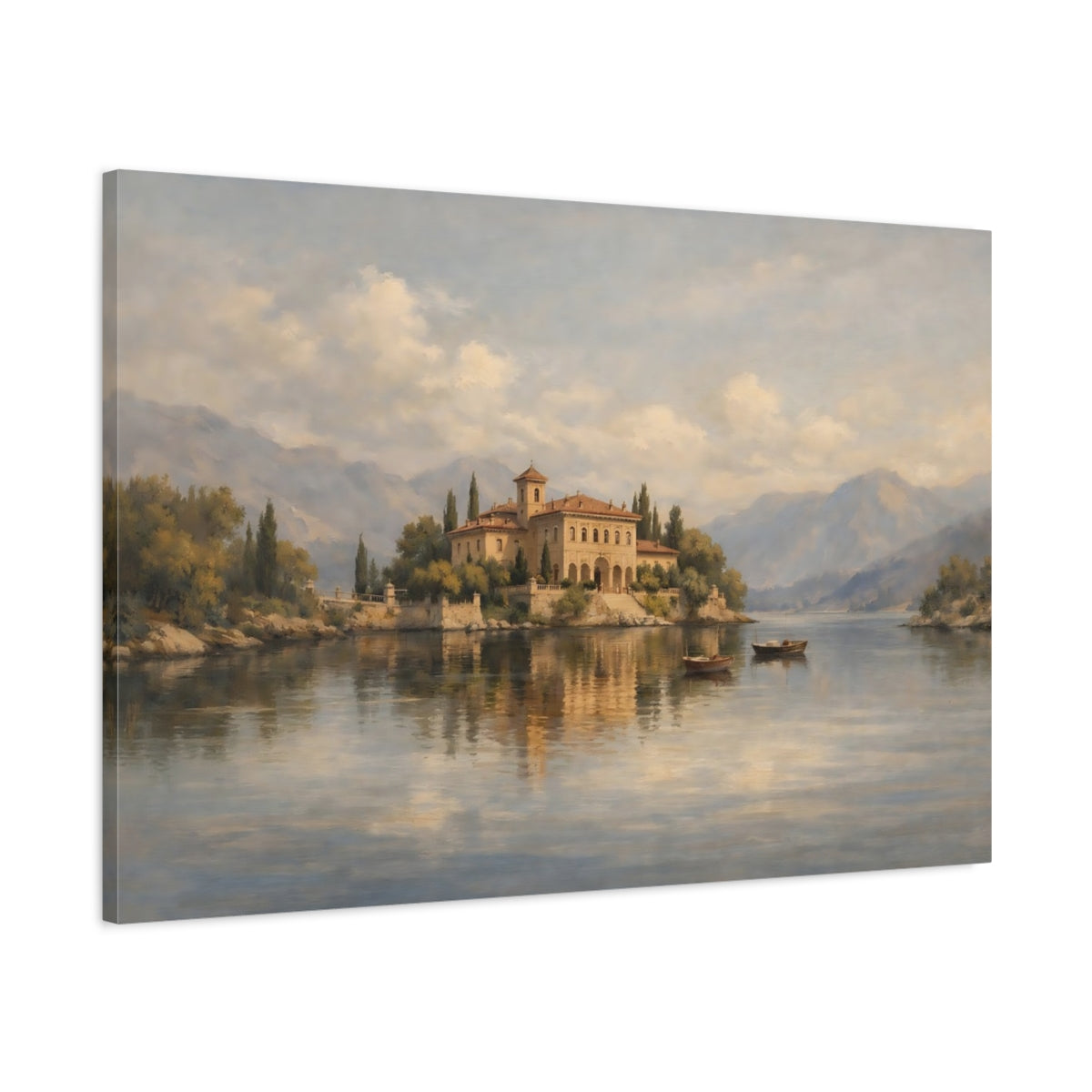 Side Mockup 1. Nature Lakeside Villa Warm Lakeside Villa shown as stretched canvas wall art