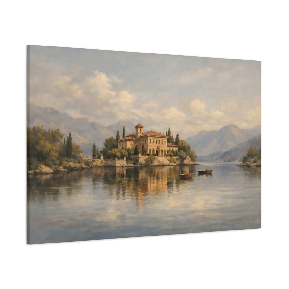 Main Mockup. Nature Lakeside Villa Warm Lakeside Villa shown as stretched canvas wall art