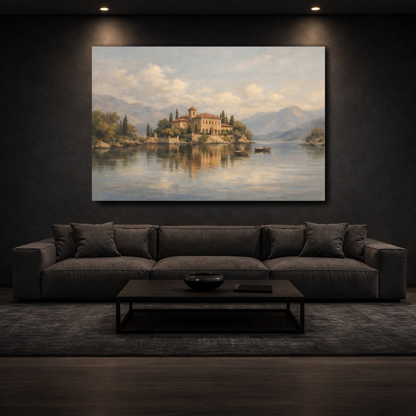 Mockup 2. Nature Lakeside Villa Warm Lakeside Villa shown as stretched canvas wall art